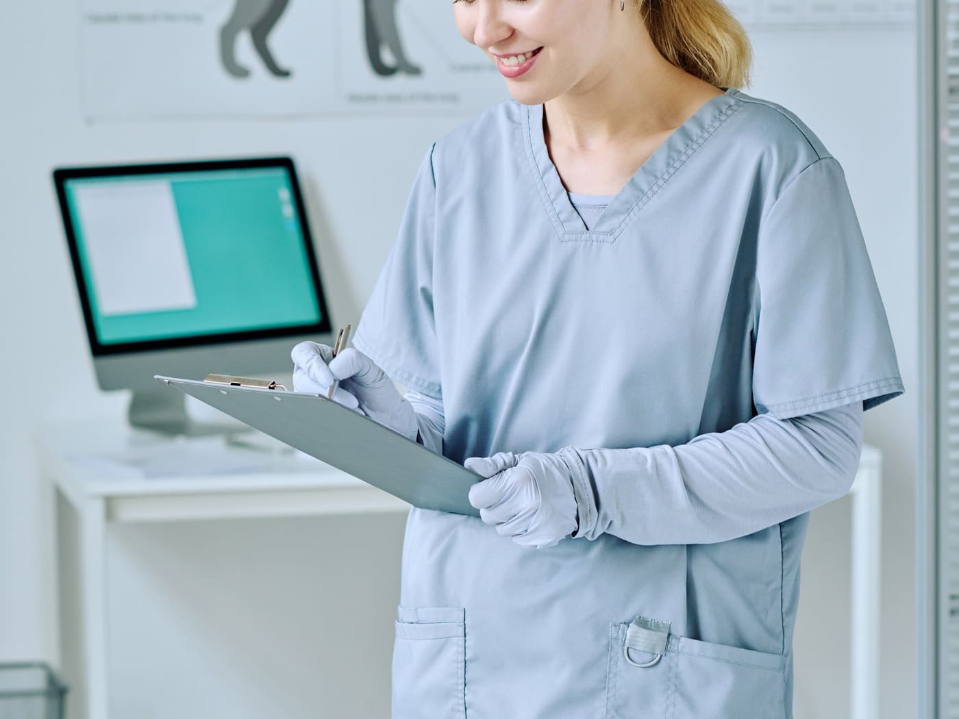 Veterinarian filling medical documents at the clinic